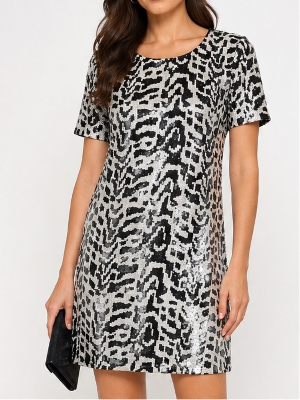 Gianni Bini Sequin Animal Print Shift Mini Dress Exposed Zip Black Ivory L